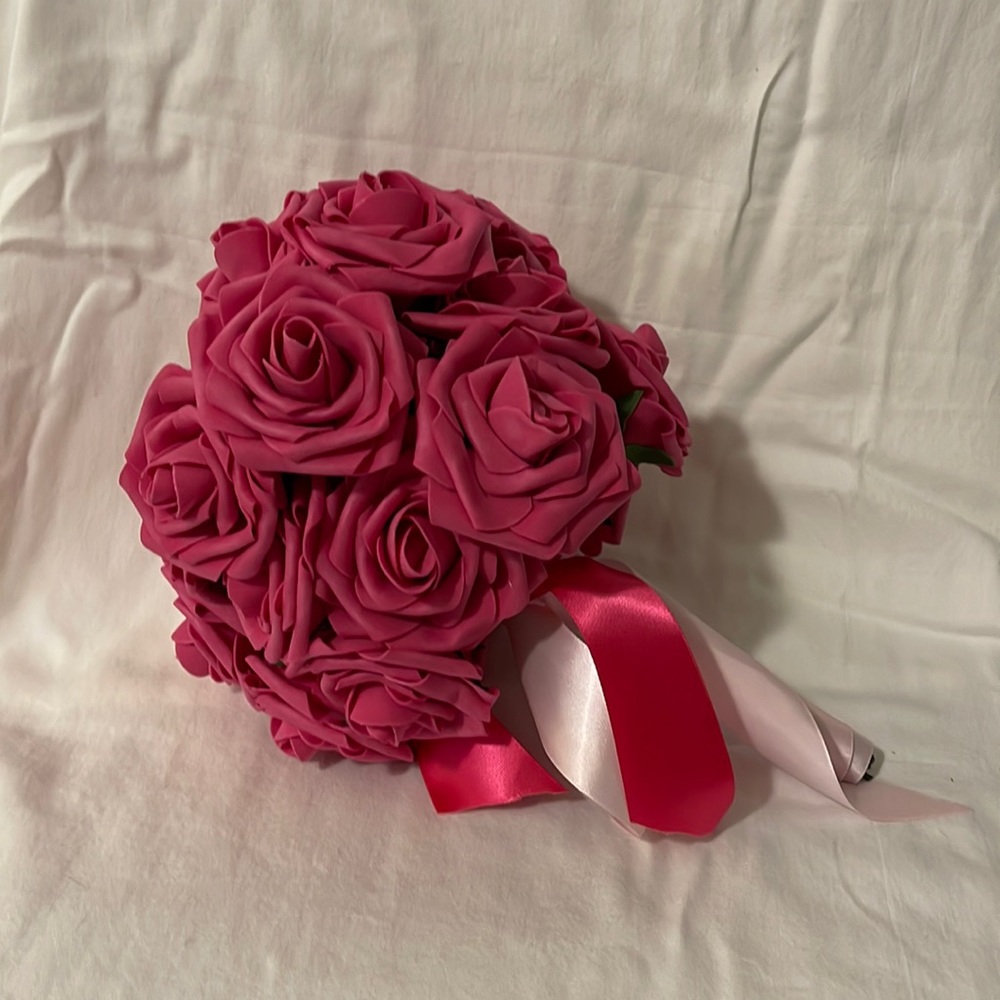 Hot Pink Faux Rose Bouquet with Pink Ribbon